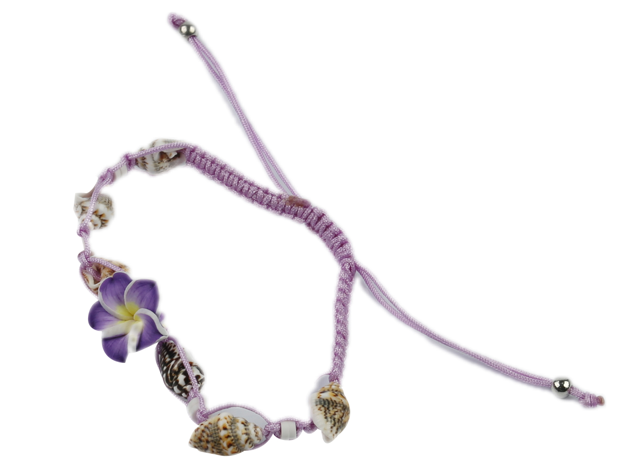 Purple & White Fimo Flower w/ Shell Adjustable Cord Bracelet / A - Click Image to Close